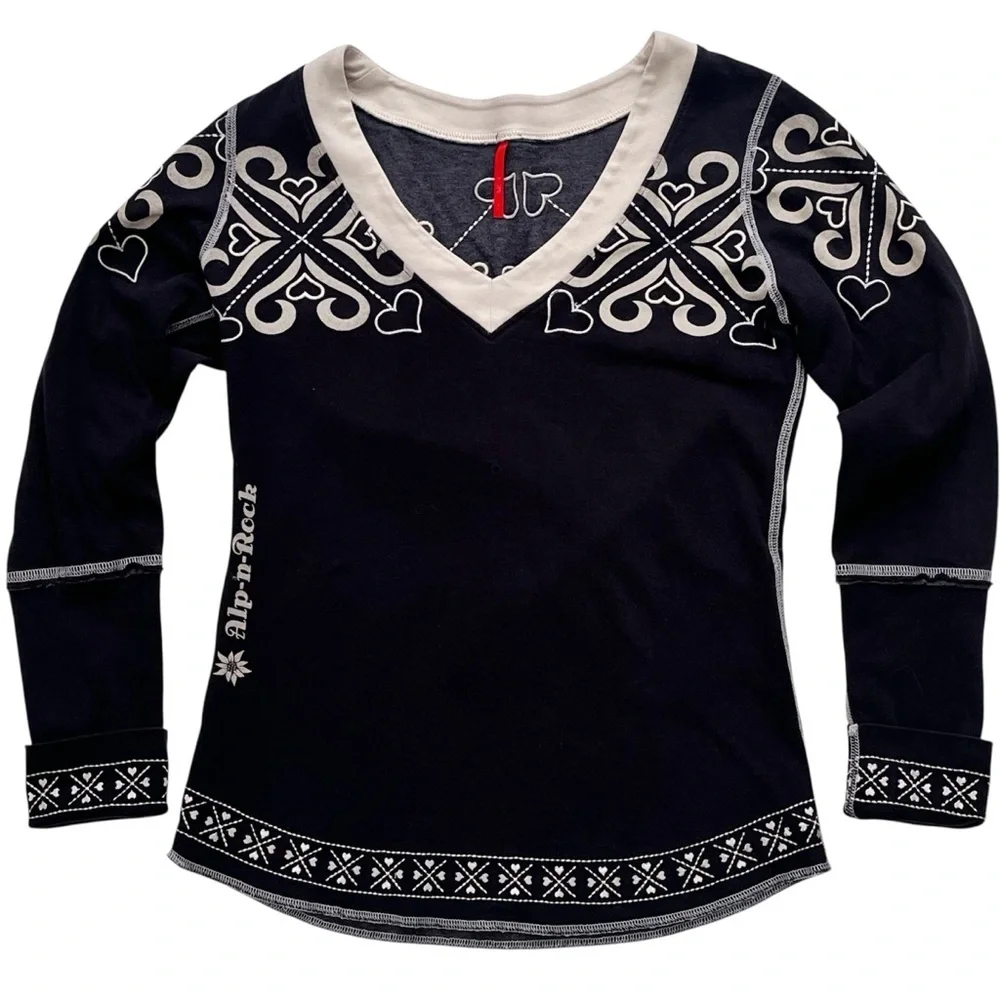 Alp-n-Rock Snowflake V Neck Long Sleeve Top Black Reversible Hearts Size XS/S - Picture 4 of 9